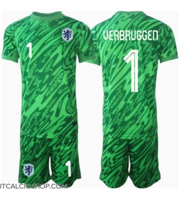 Olanda Bart Verbruggen #1 Portiere Prima Maglia Bambino Europei 2024 Manica Corta (+ Pantaloni corti)